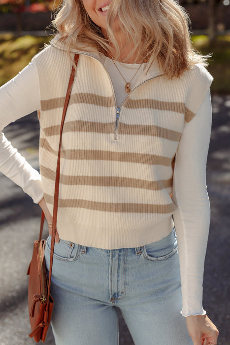Everly Stripe Ribbed Half Zip Collared Sweater Vest