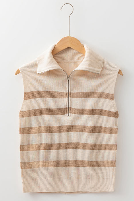 Everly Stripe Ribbed Half Zip Collared Sweater Vest