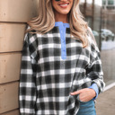 Black XL Ezra Half Placket Plaid Blouse