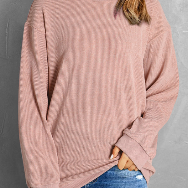 Faith Solid Ribbed Knit Round Neck Pullover Sweatshirt