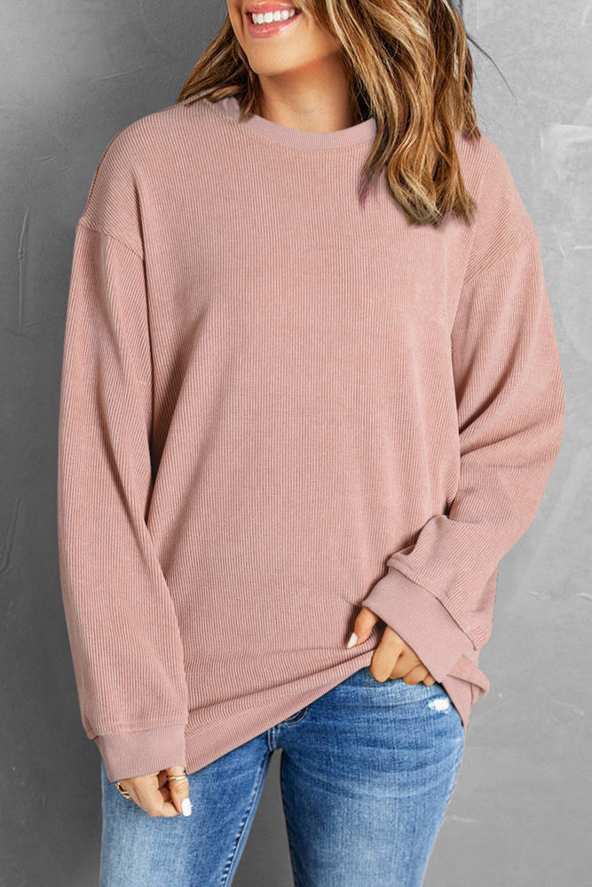 Faith Solid Ribbed Knit Round Neck Pullover Sweatshirt