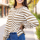  Fatima Patchwork Lantern Sleeve Blouse