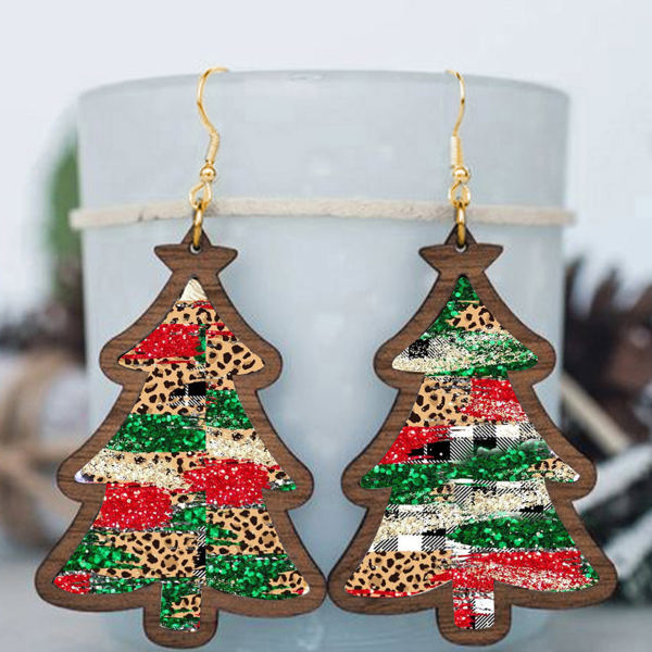 Fiery Red Shade Of Leopard Plaid Christmas Tree Earrings