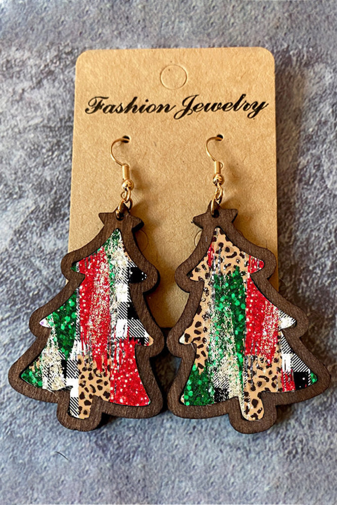 Fiery Red Shade Of Leopard Plaid Christmas Tree Earrings