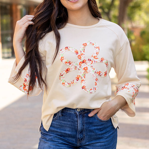 Flower Exposed Seam Wide Sleeve Top