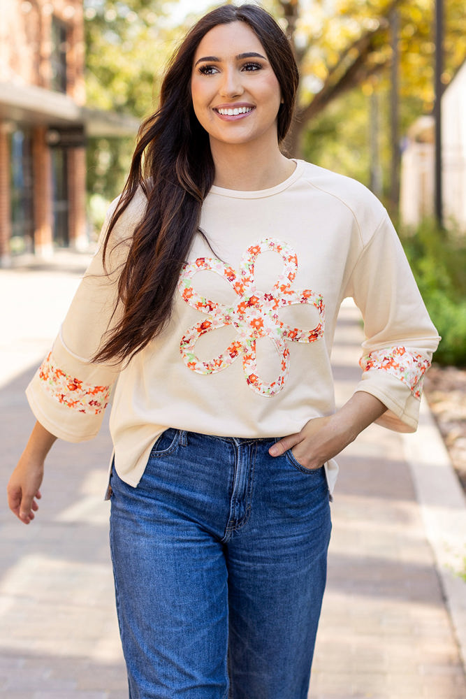 Flower Exposed Seam Wide Sleeve Top