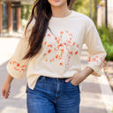  Flower Exposed Seam Wide Sleeve Top