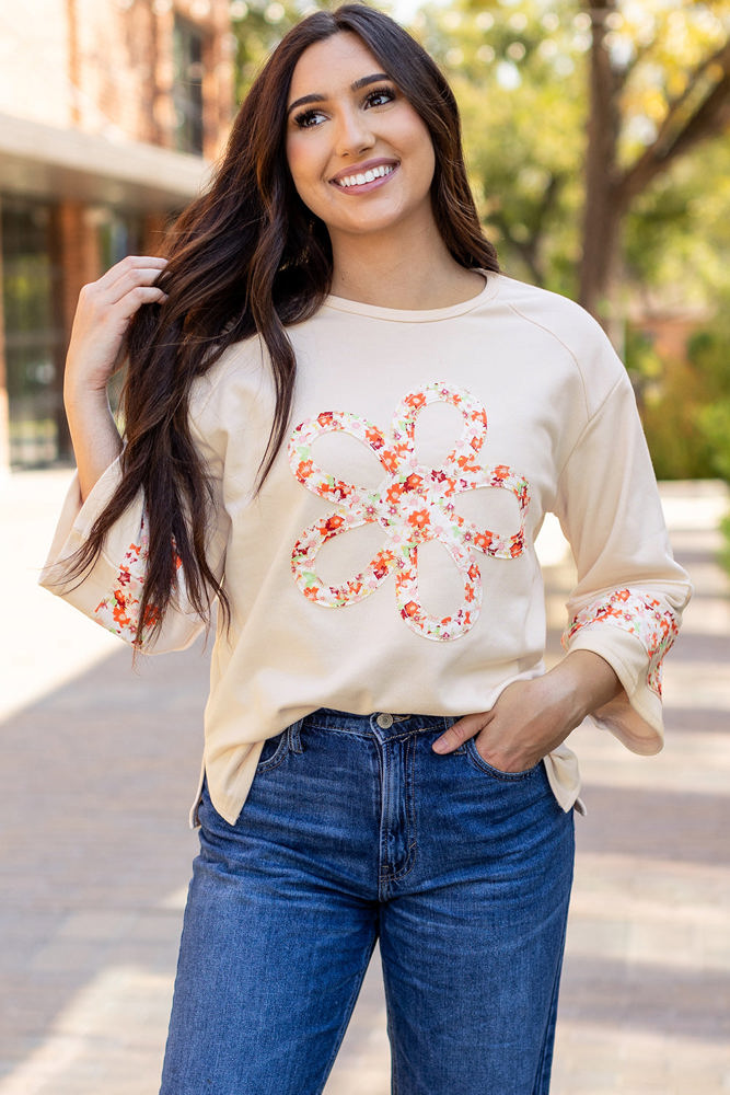 Flower Exposed Seam Wide Sleeve Top