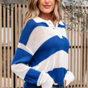  Genevieve Stripe Collar Eyelet Crochet Knitted Sweater