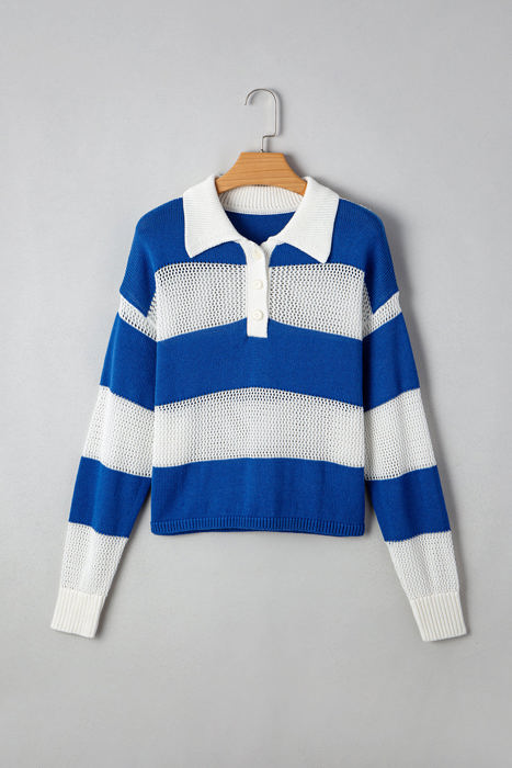 Genevieve Stripe Collar Eyelet Crochet Knitted Sweater