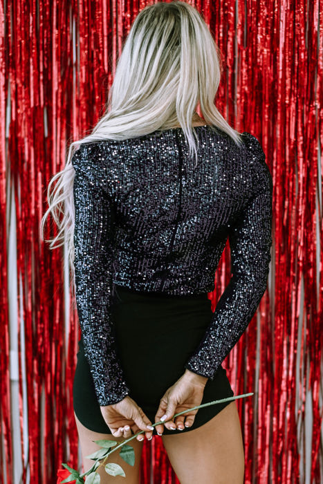 Gia Sequin V Neck Zipped Long Sleeve Bodysuit