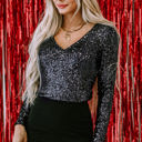  Gia Sequin V Neck Zipped Long Sleeve Bodysuit