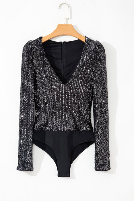 Gia Sequin V Neck Zipped Long Sleeve Bodysuit