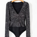  Gia Sequin V Neck Zipped Long Sleeve Bodysuit