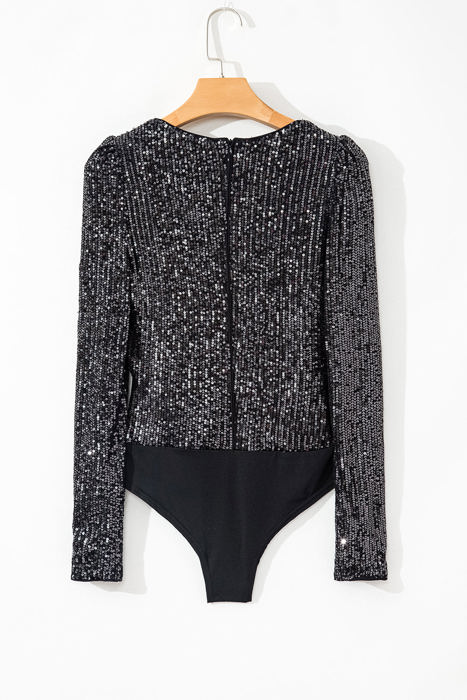 Gia Sequin V Neck Zipped Long Sleeve Bodysuit