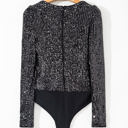  Gia Sequin V Neck Zipped Long Sleeve Bodysuit