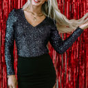 Black Medium Gia Sequin V Neck Zipped Long Sleeve Bodysuit