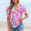 Pink XL Gianna Floral Short Sleeve Blouse