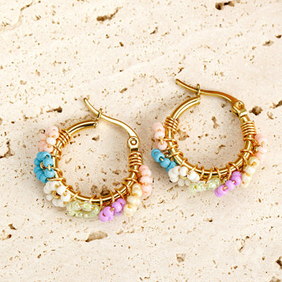 Gold Beaded Flower Hoop Earrings