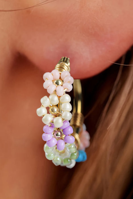 Gold Beaded Flower Hoop Earrings