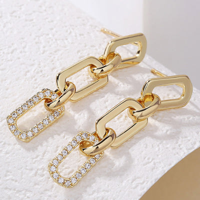 Gold Chain Link Rhinestone Decor Plate Stud Earrings