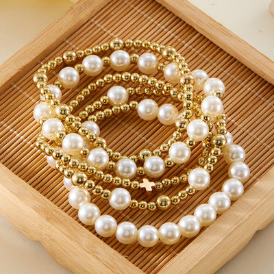 Gold Cross Pearls Decor Multi Layer Bracelets