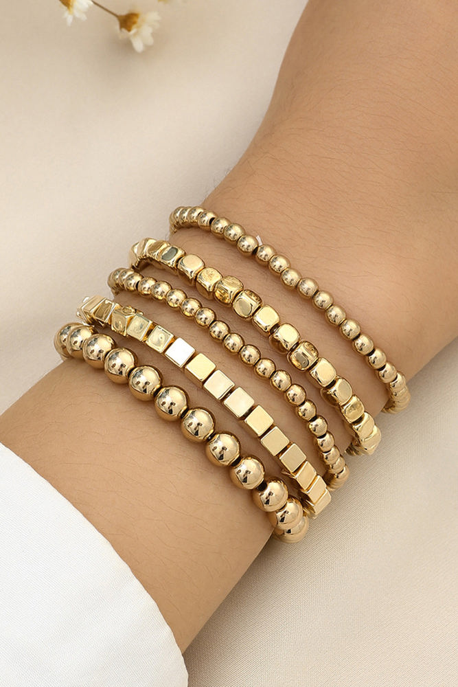 Gold Cube Beaded 5 Pcs Bracelet