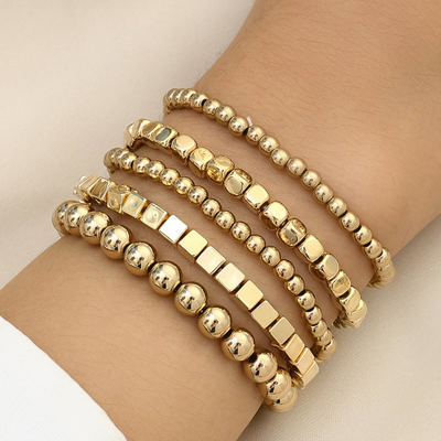 Gold Cube Beaded 5 Pcs Bracelet