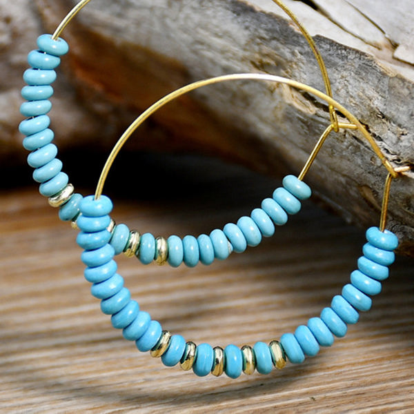 Gold Faux Turquoise Beaded Hoop Earrings