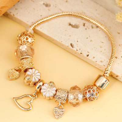 Gold Flower Heart Charm Plated Alloy Bracelet