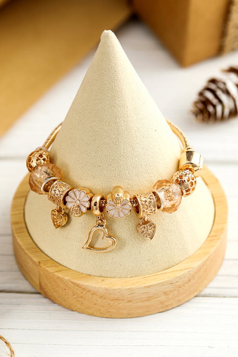 Gold Flower Heart Charm Plated Alloy Bracelet