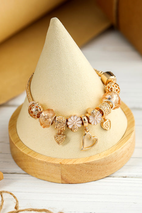 Gold Flower Heart Charm Plated Alloy Bracelet