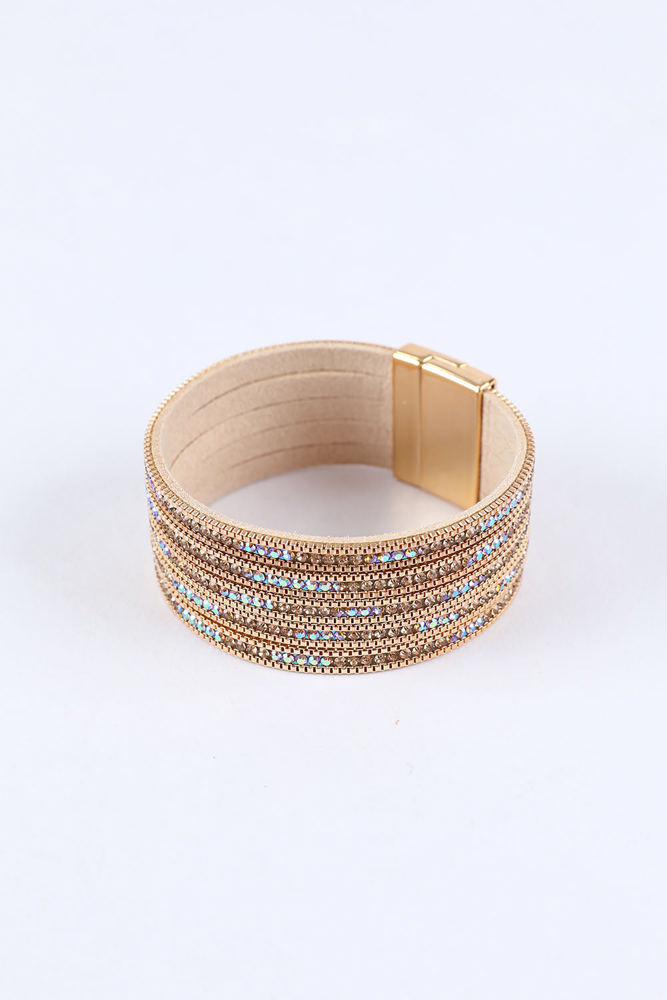 Gold Full Diamond Leather Wide Edge Magnetic Buckle Bracelet