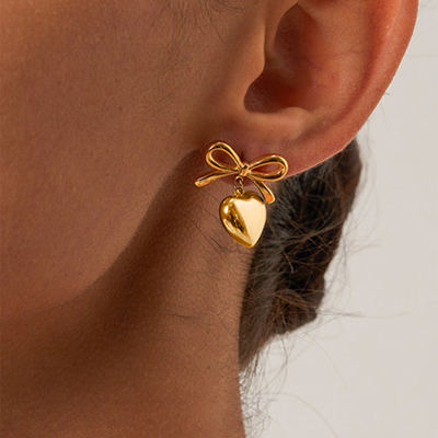 Gold Heart and Bow Studded Earrings