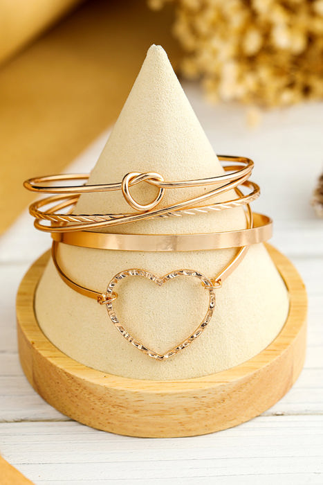 Gold Heart Knot Plated Multi Layer Open Cuff Bracelet Set