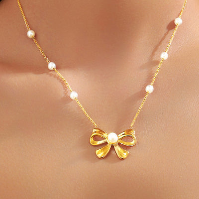 Gold Pearl Decor Plated Bow Knot Pendant Necklace