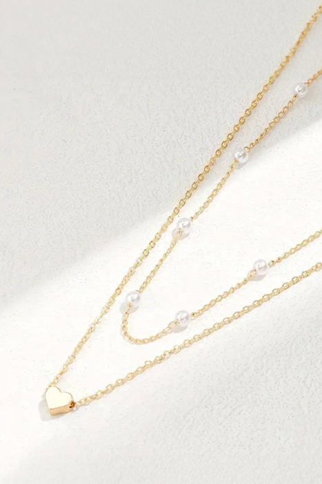 Gold Plated Heart and Pearl Detail 2pcs Layered Necklace