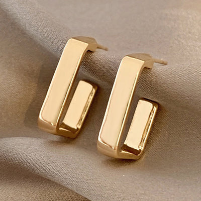 Gold Square Hook Plated Alloy Stud Earrings