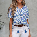  Grace Geometric Tassel Drawstring V Neck Blouse