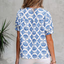  Grace Geometric Tassel Drawstring V Neck Blouse