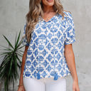  Grace Geometric Tassel Drawstring V Neck Blouse