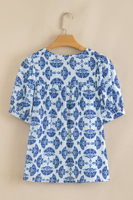 Grace Geometric Tassel Drawstring V Neck Blouse