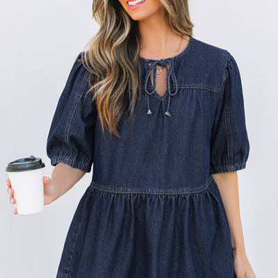 Gracelyn Puff Sleeve Lace-up Neckline Denim Blouse