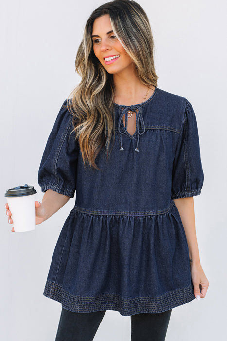 Gracelyn Puff Sleeve Lace-up Neckline Denim Blouse