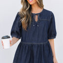  Gracelyn Puff Sleeve Lace-up Neckline Denim Blouse