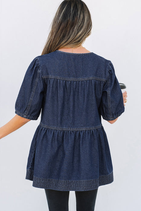 Gracelyn Puff Sleeve Lace-up Neckline Denim Blouse