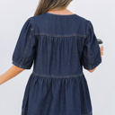  Gracelyn Puff Sleeve Lace-up Neckline Denim Blouse