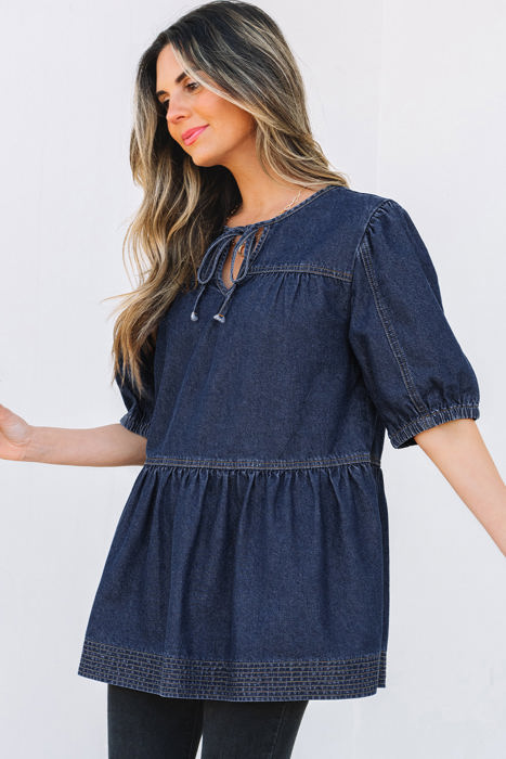 Gracelyn Puff Sleeve Lace-up Neckline Denim Blouse