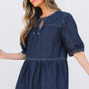  Gracelyn Puff Sleeve Lace-up Neckline Denim Blouse