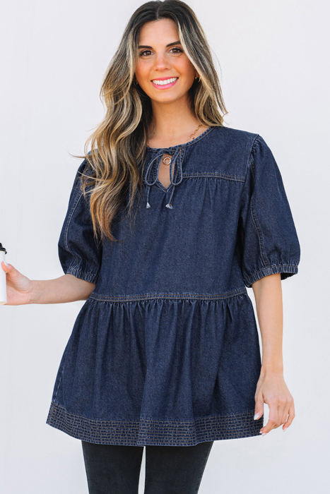 Gracelyn Puff Sleeve Lace-up Neckline Denim Blouse